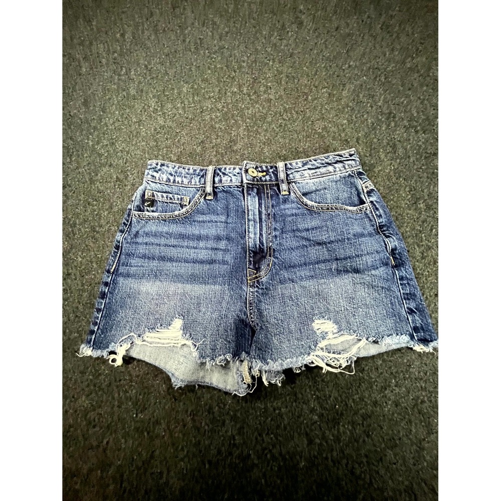 Y2K KanCan Cut-Off Shorts Womens 7/27 Blue Denim Distressed Raw Hem High Rise